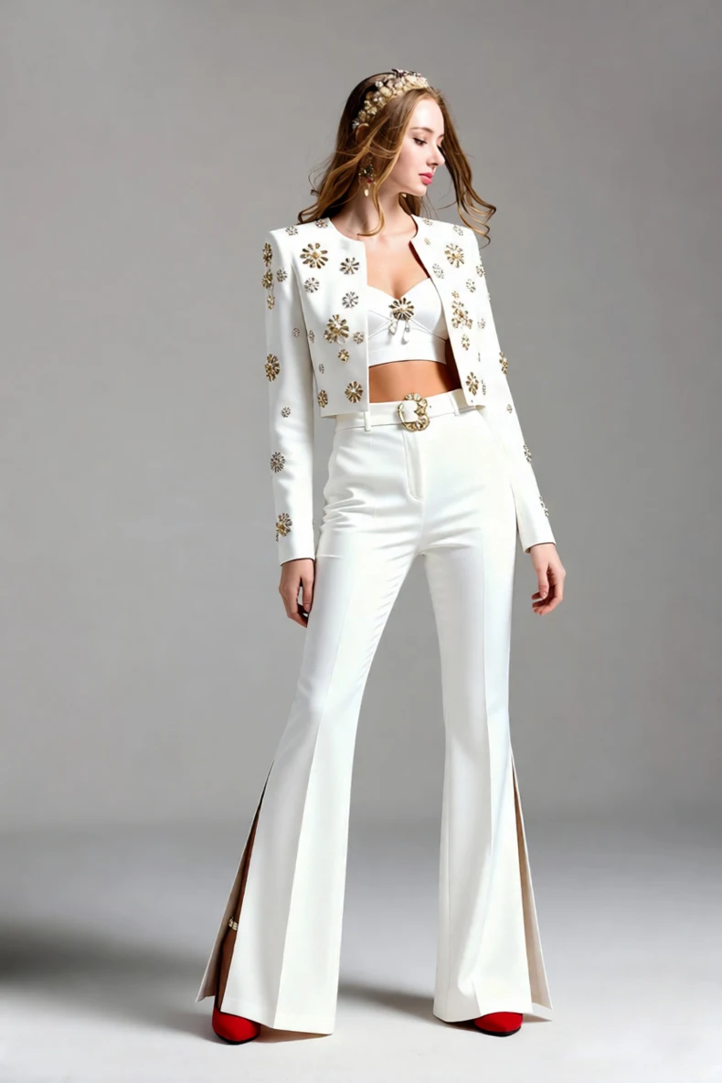 Elegant Two-Piece Set with Gold Flower Embellishments, Cropped Blazer and Flared Pants, Perfect for Party and Evening Even