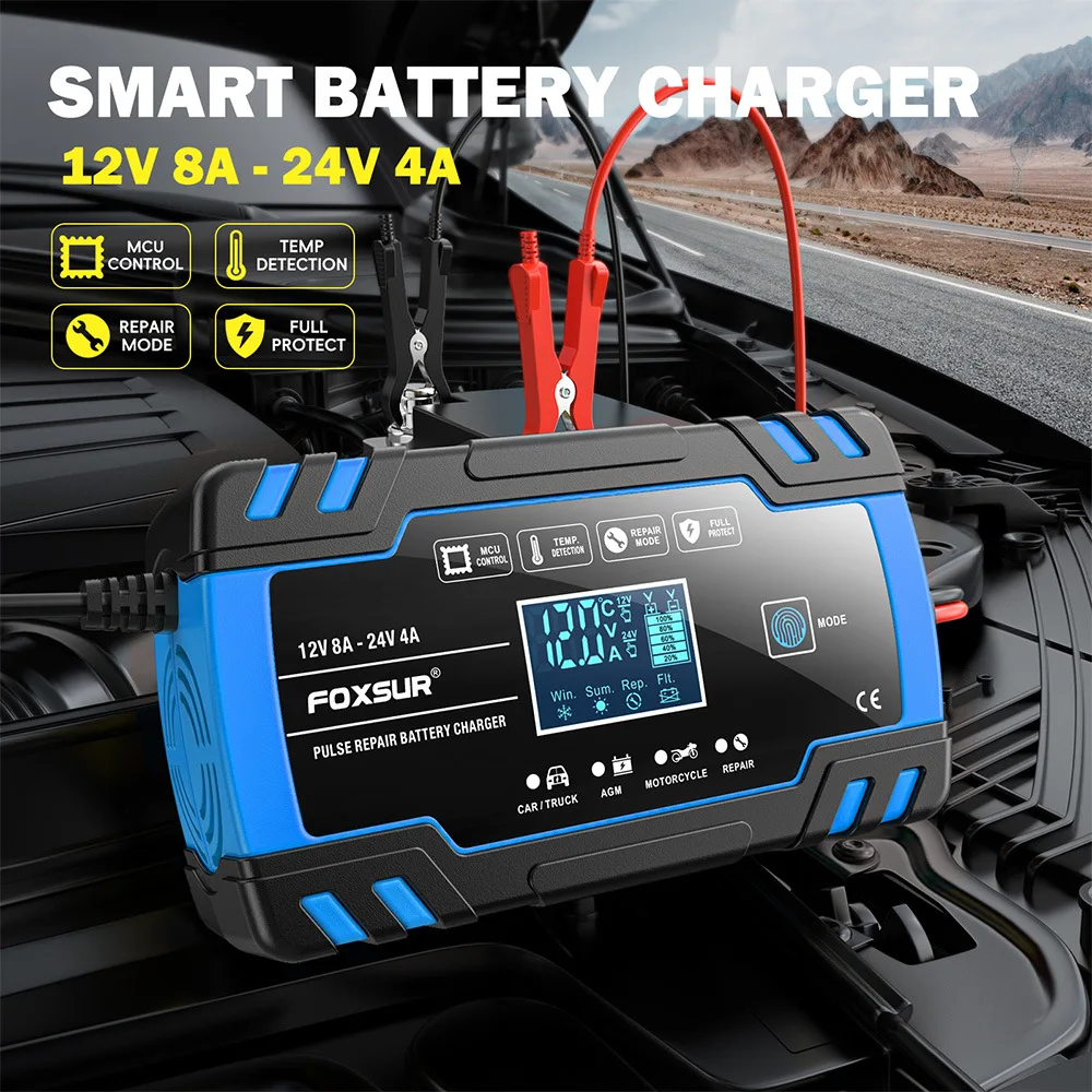 8A Newest Car Motorcycle Smart Battery Charger 12V/24V Full Automatic Auto Motor Smart Charger AGM GEL Lead-Acid Battery Charger