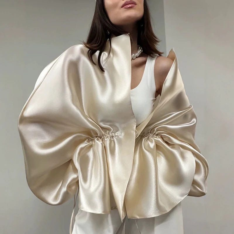 Unique Solid Shawl Style Party Evening Jacket 2026 Elegant Drawstring Waist Outwear Luxury Collarless Satin Bubble Sleeve Coats