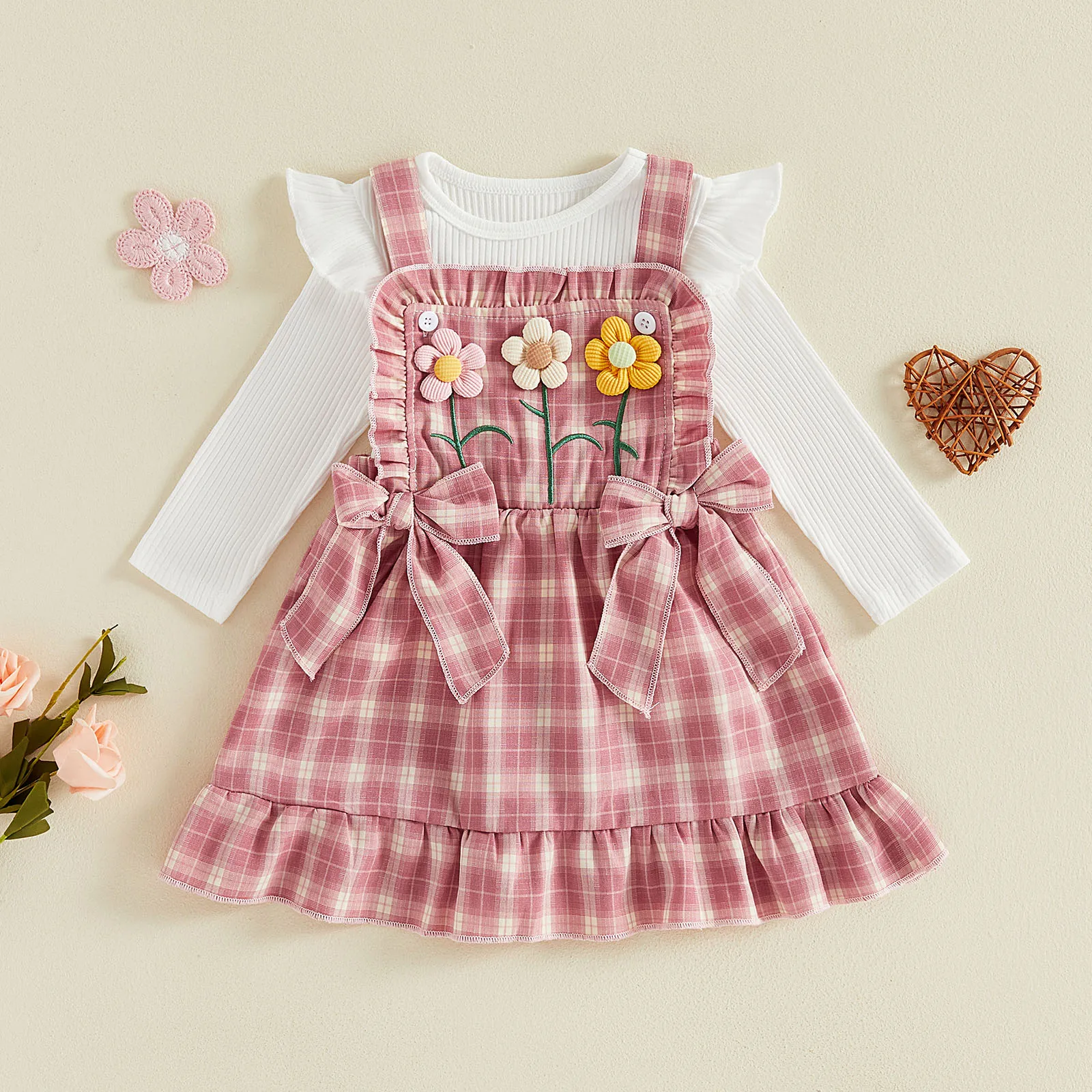 1-4Y Toddler Baby Girl Fall Outfit Long Sleeve Ribbed T shirt Tops with Plaid Suspender Dress Autumn Children's Sets