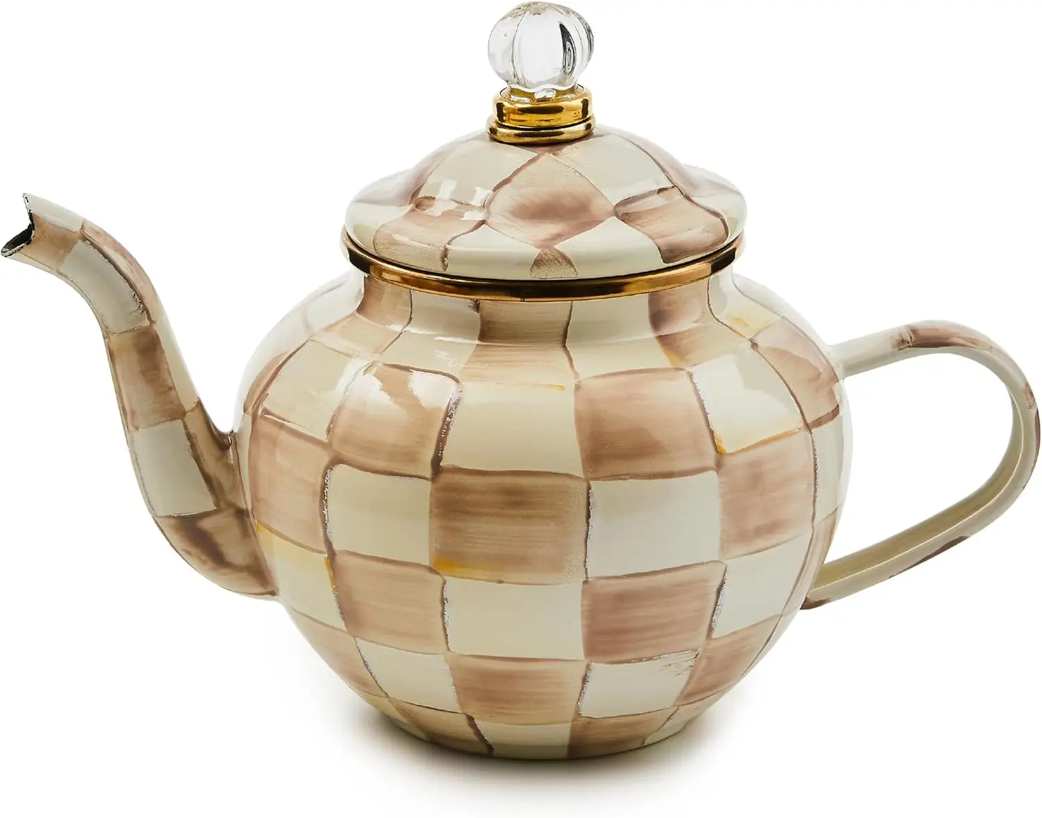 

Cute Brown-and-White Check Enamel Teapot with Lid, 4-Cup Capacity for Tea Parties