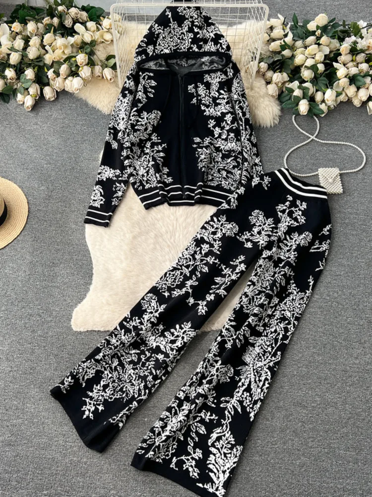 Leisure Fashion Sports Set Age Reducing Knit Shirt 2 Piece For Women\'s High-end Grade Printed Hooded Sweater+ Wide Leg Long Pant