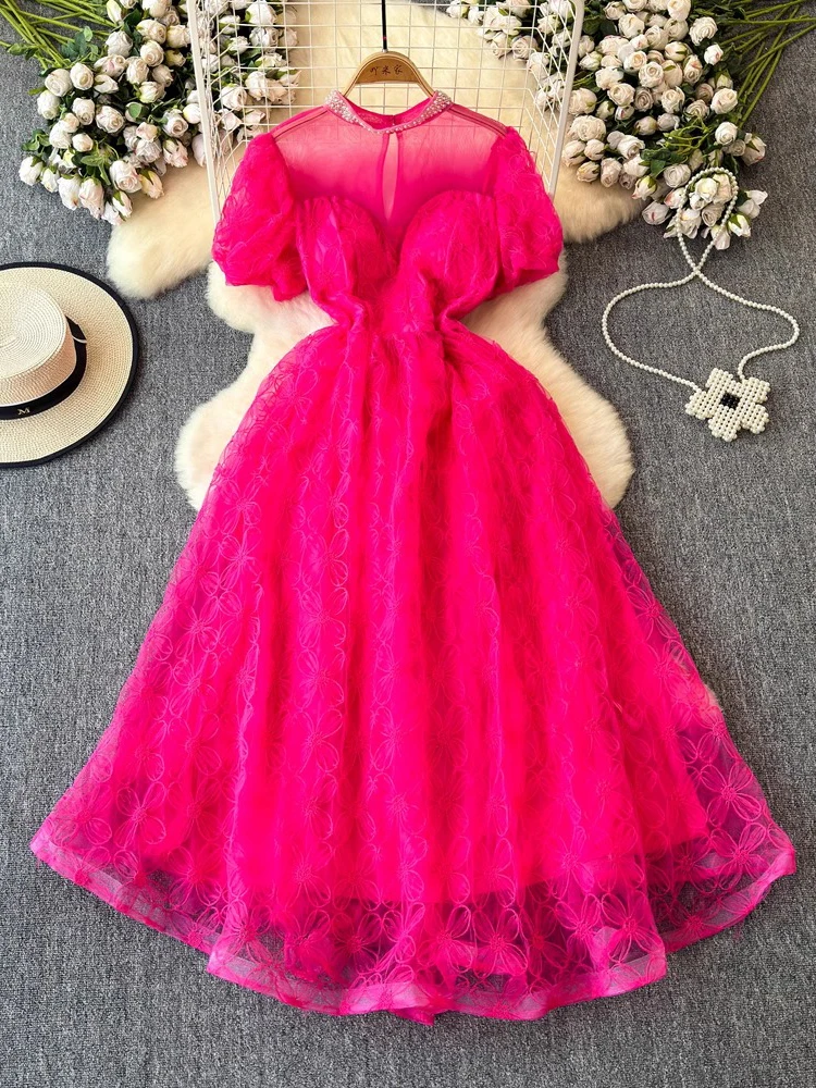 Summer Women Lace Mesh Patchwork Party Long Dress Elegant Red/Pink/Purple/Beige Short Sleeve A-Line Vestidos Female New Fashion