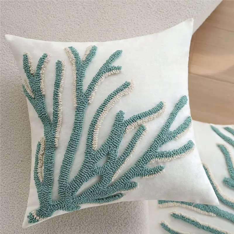 CHCH Tufted Decorative Throw Pillow Cover 18Inch Coastal Blue Green Coral & Shell Pattern Square Cushion Cover Home Decor