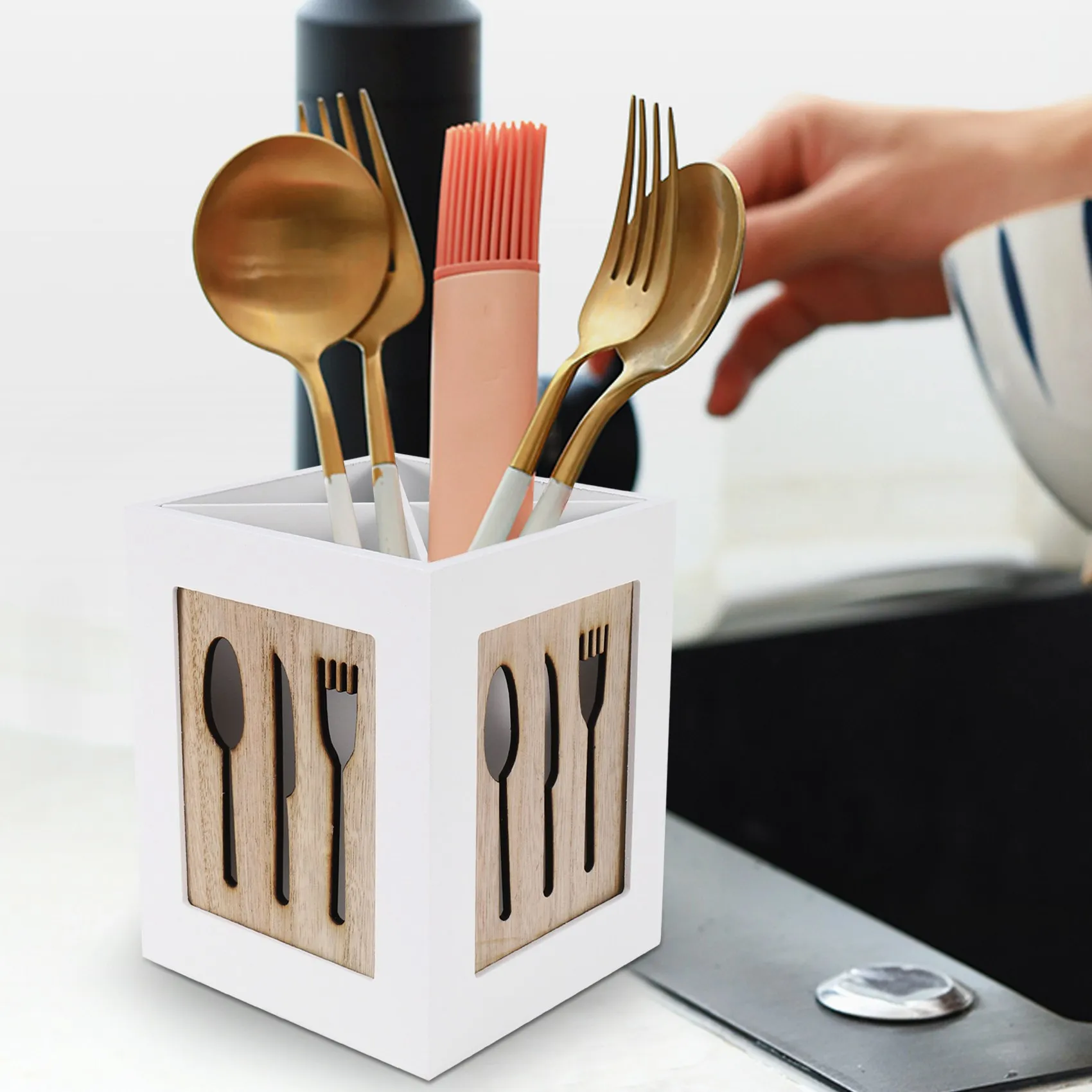 Wooden Utensils Holder Cutlery Kitchen Flatware Cutlery Storage Flatware Caddy Spoons Forks Knifes Chopsticks Organizer