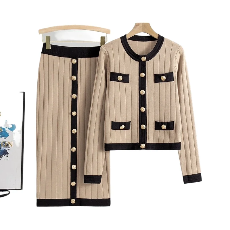 

TRAF Small Fragrant Wind Skirts Suits 2024 Spring Fashion High-end Slim O-neck Sweater + Knit Button Skirt Two Piece Set