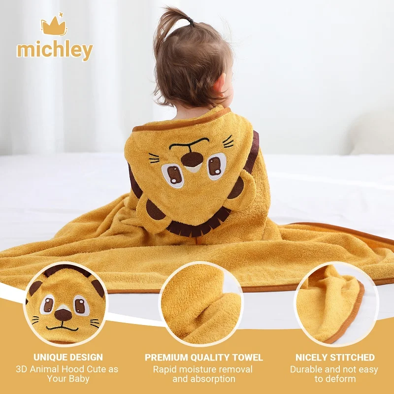 MICHLEY Cartoon Bamboo Baby Bath Towel Hooded Cute Toddler Infant Bathrobe Shower Unisex For Kids Girls Boys Newborn 0-5T