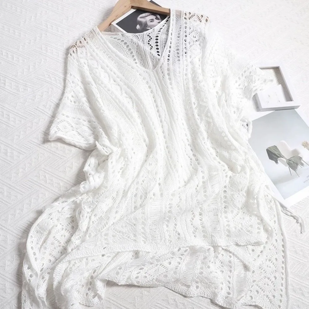 Oversized Hollow Out Swimsuit Cover Up V-neck Crochet Sweater Knitted Bikini Cover Up Mesh Long Sleeve Beach Wear Vacation