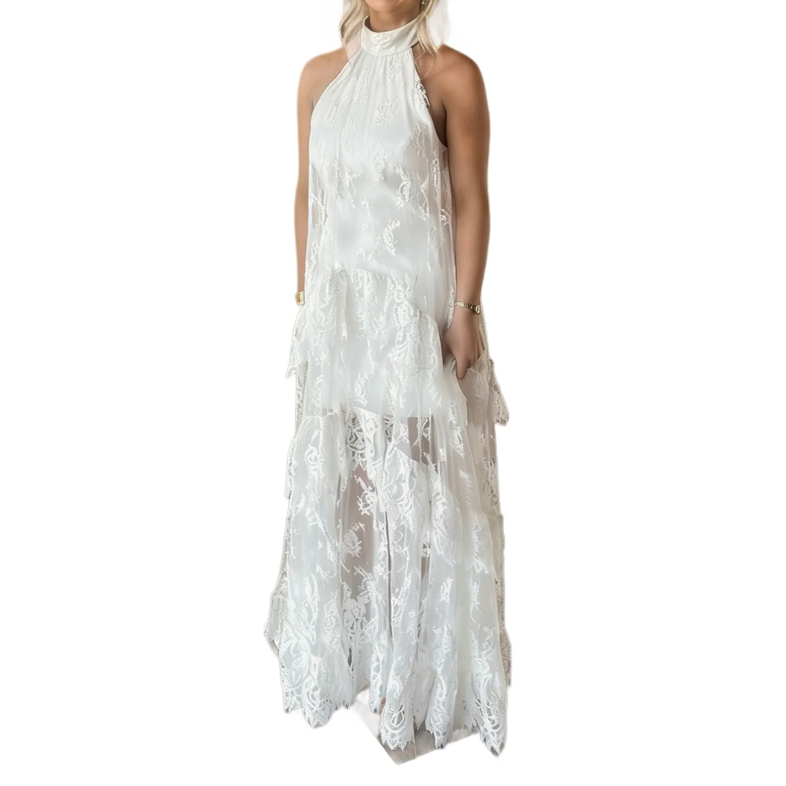 Sleeveless Halter Neck Gown Mid Waist Elegant with Maxi Length Sheer Slit Patchwork Asymmetrical Hem Dress Summer for Women