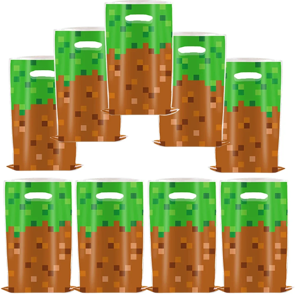 10-30 stuks Mine Craft-thema verjaardagscadeautasjes, plastic snoep-schatzakjes met handvatten, geschikt voor feestfavoren en weggeefcadeaus