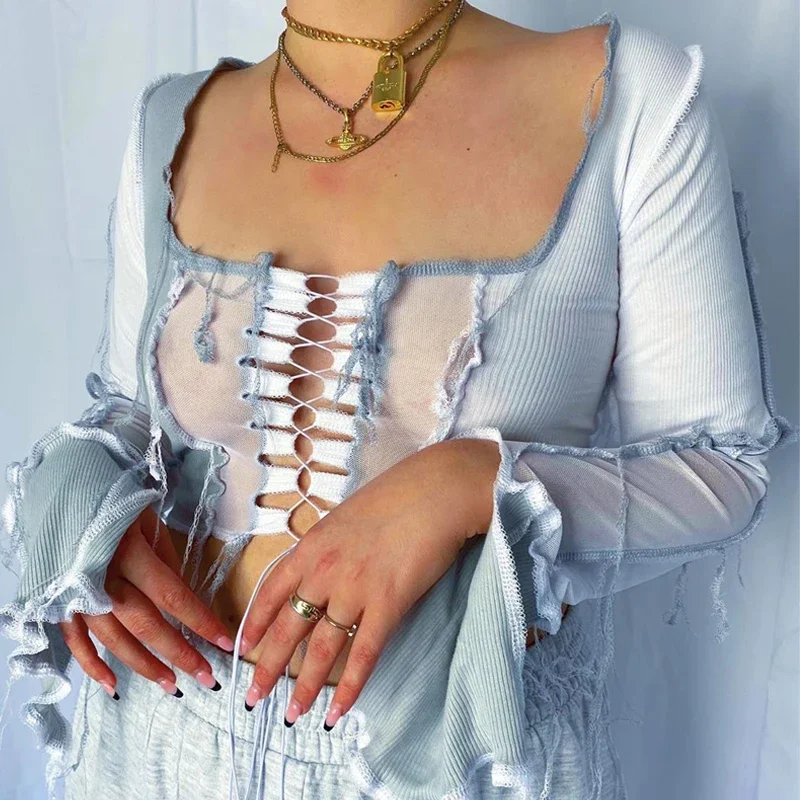 2024 Fashion Reverse Trim Color Block Cropped Top Long Sleeve Lace Up Mesh Patchwork Hollow Out Square Neck t-Shirt for Ladies