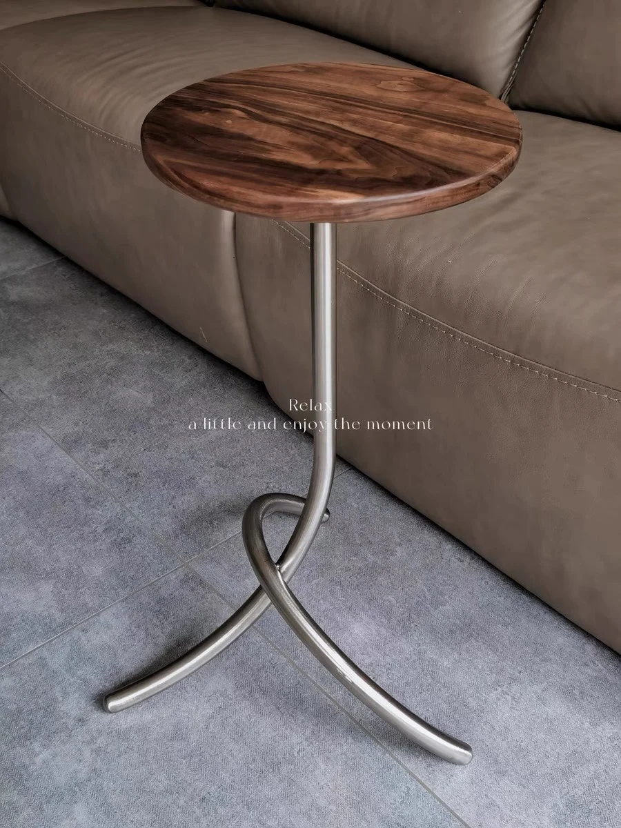 Custom-made antique stainless steel with black walnut edges, online celebrity ins mini coffee table,  simple J-shaped angle.