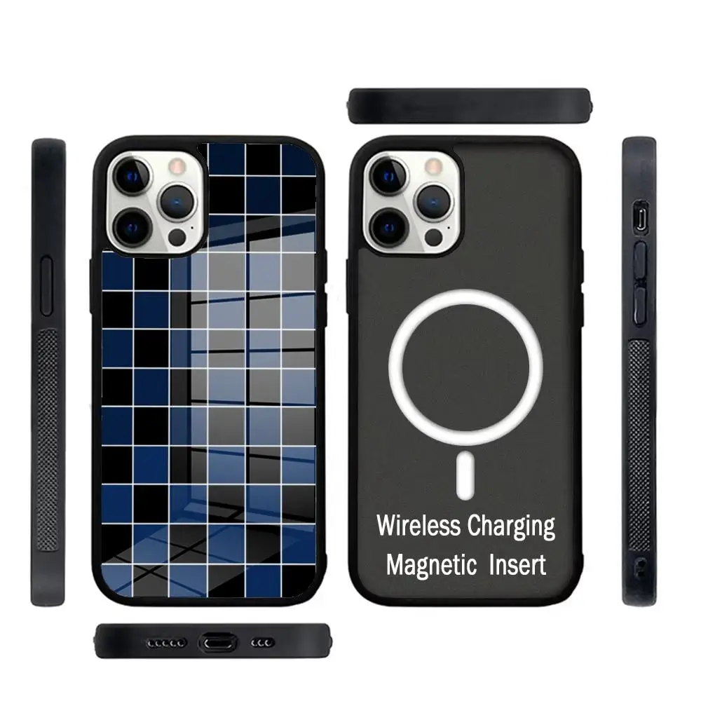 Checkerboard Checkered Chess Board Bling  Phone Case Glass For IPhone 16 15 Promax 14 13 Pro 12 11 Magnetic charging Covers