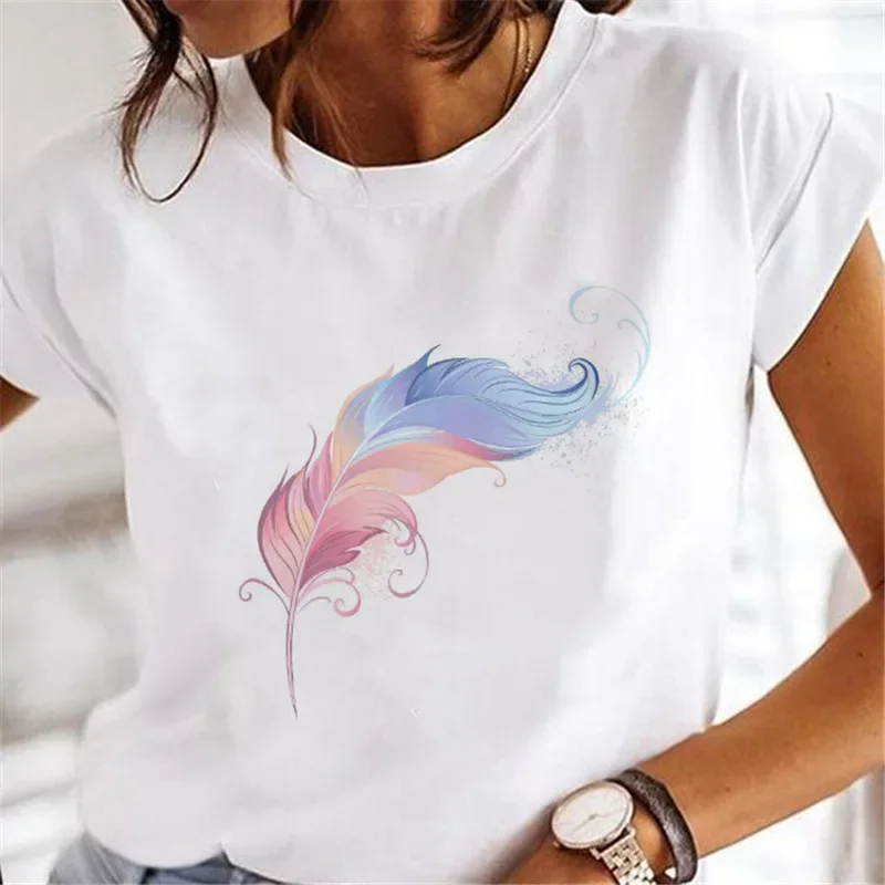 Women's Short-sleeved T-shirt Feather Fashion Print Instagram Base Shirt Women Clothes  Tops  Aesthetic Clothes Graphic T Shirts image 3