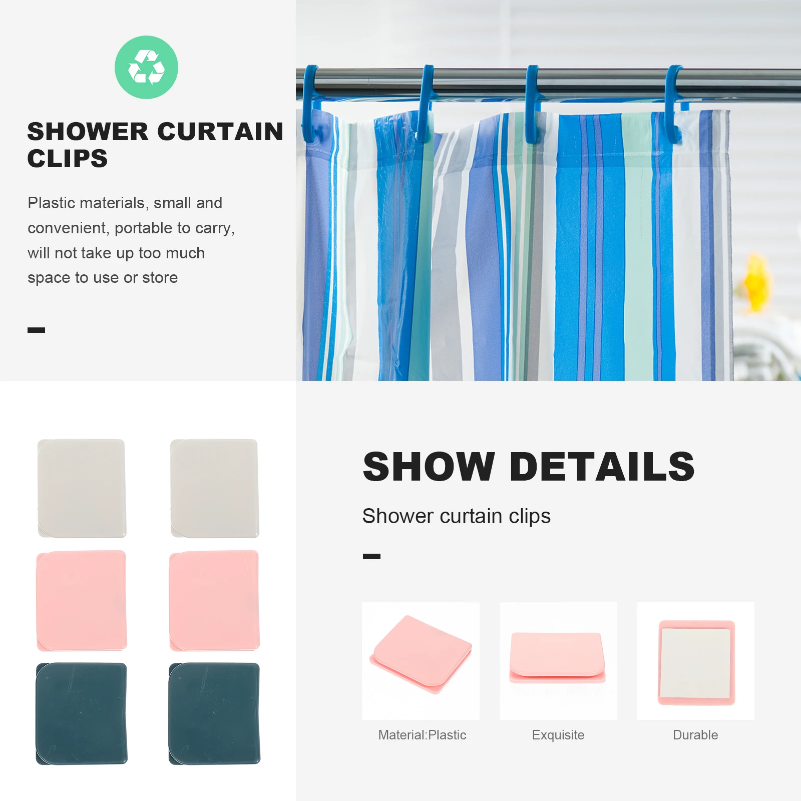 

6Pcs Bath Shower Curtain Clips Adhesive Self-Stick Waterproof Holder for Smooth Walls Tiles Glass Bathroom Splash Proof Guard