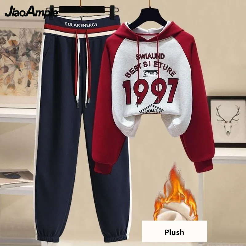 Women's Casual Tracksuit Suit 2022 Winter Plush Warm Sportswear Two-piece Korean Loose Hoodies Sweater Splicing Sport Pants Set