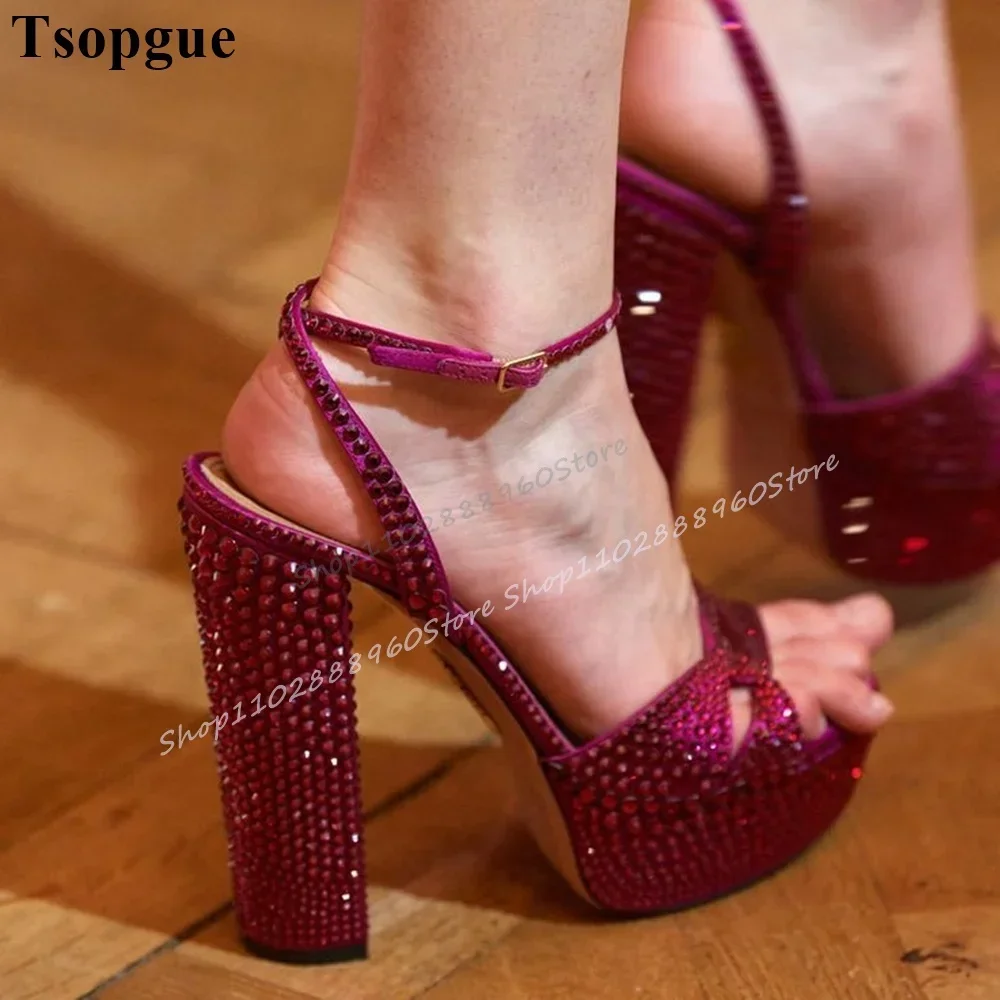 

Rose Red Crystal Platform Sparkling Sandals Chunky High Heel Women Shoes Ankle Buckle Strap Open Toe 2026 Zapatos Para Mujere