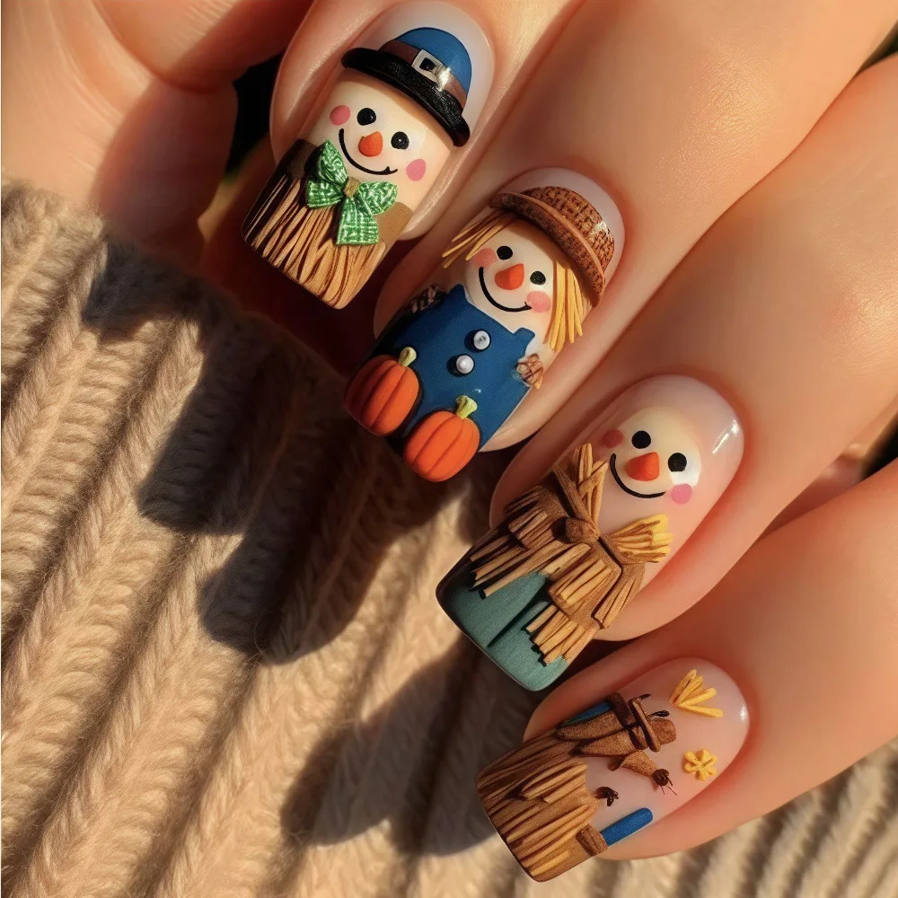 24 Pcs Halloween Square Nails Press on Scarecrow Rectangular Shape Realistic False Nails Artificial Fake Nails Removable 2025