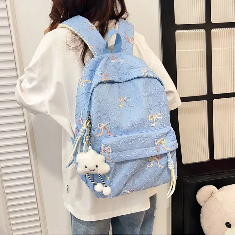 Colorful Bow Embroidery Backpack Four Color Available Lightweight Large Capacity Girl Student School Bag Outdoor Travel Backpack