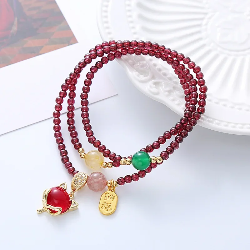 

Garnet Simple Lucky Women's Bracelet Natural Crystal Fox Pendant Beaded Retro Multi-layer Fashion All-match Girlfriend Jewelry