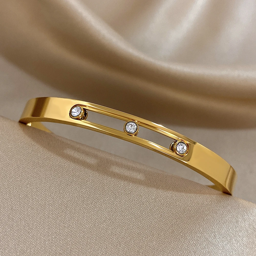 Pulseras abiertas de cristal con incrustaciones huecas chapadas en oro para mujer, brazalete minimalista de acero inoxidable, brazalete fino elegante, joyería