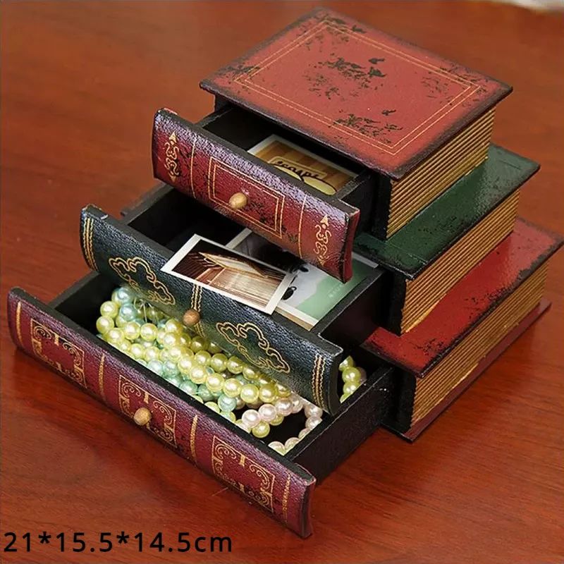 Handmade European Style Home Ornaments with Clear Lines Jewelry Drawer Box Unique Craft Retro Wooden Fake Book