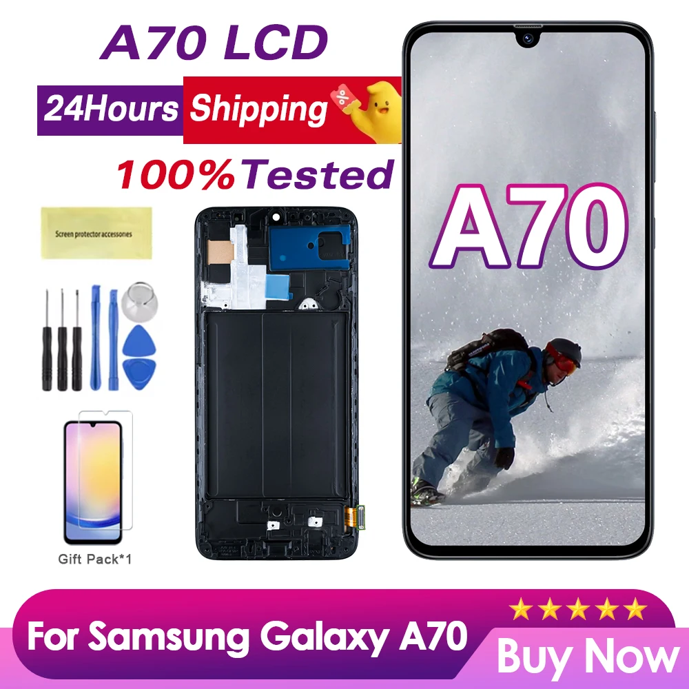 Super AMOLED A70 Display Screen, for Samsung Galaxy A70 A705 A705F A705FD LCD Display Digital Touch Screen Assembly with Frame