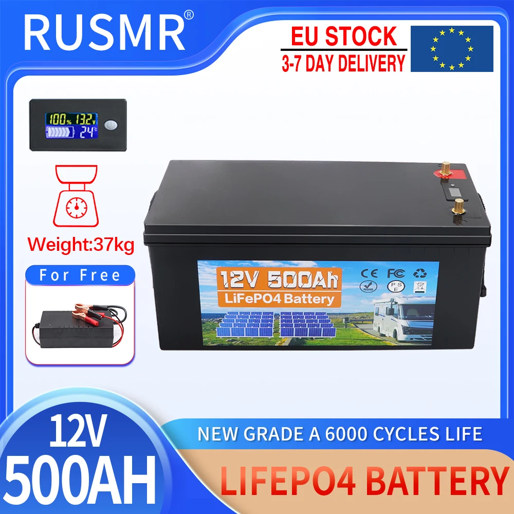 12V LiFePO4 Battery Pack 600Ah 500Ah Lithium Iron Phosphate Portable Rechargeable Battery Built in BMS Grade A Battery for Power