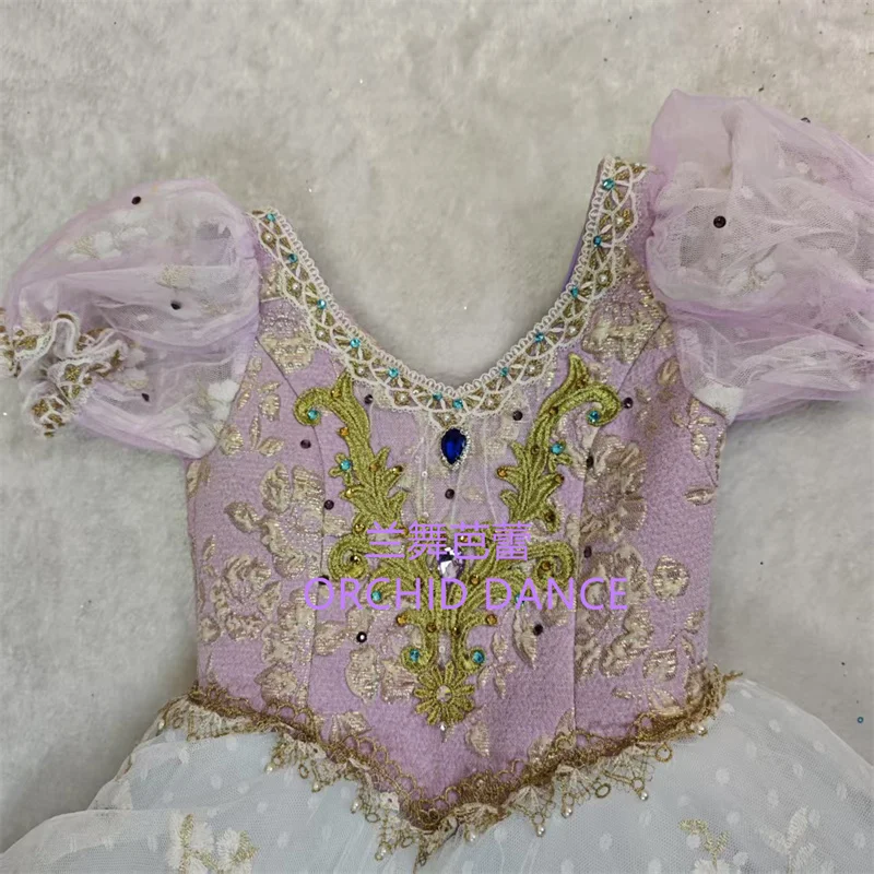 Women bubble short sleeve V neck long ballet performance dress gilded scroll gem embroidery pink white contrast polka dot floral