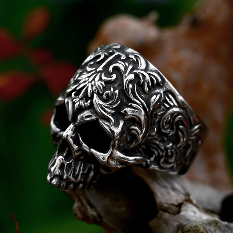 BEIER Stainless Steel Man\'s Punk Style Jewelry Wholesale Classic Garden Flower Skull Ring For Man BR8-1174