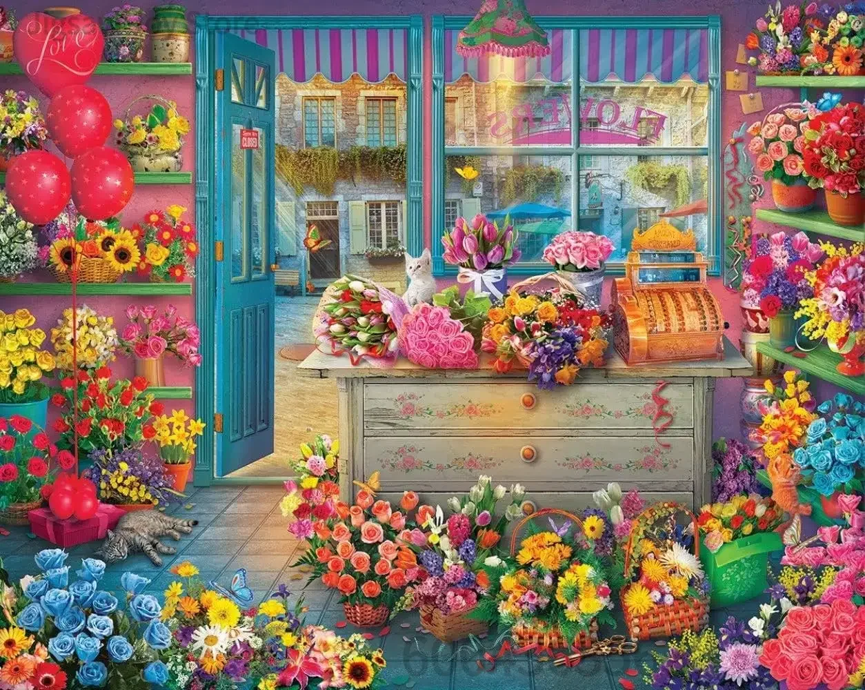 Floral Shop Jigsaw Puzzle, Romantic Flower Store, Japanese Red Pavilion, Vintage Sewing Room, Retro Red Kitchen, 500-2000Pcs