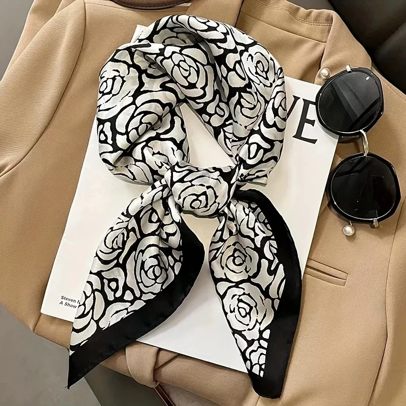

Black White Rose Printed Square Scarf Luxury Brand Thin Silky Neck Scarf Spring Outdoor Sunscreen Headscarf For Women