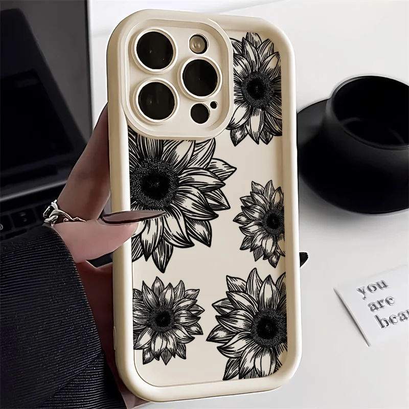 Case For iPhone 15 Cases iPhone 14 Pro Max Case Art Sketch Flower Printed Silicon Case iPhone 13 12 11 16 XS X XR 7 8 Plus Cover