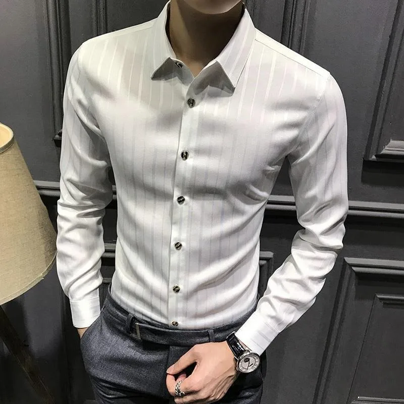 

Solid Color Long-sleeved Shirt Men New Vertical Stripes Non-ironing Shirt Korean Casual Slim Handsome Five-point Sleeve Shirts