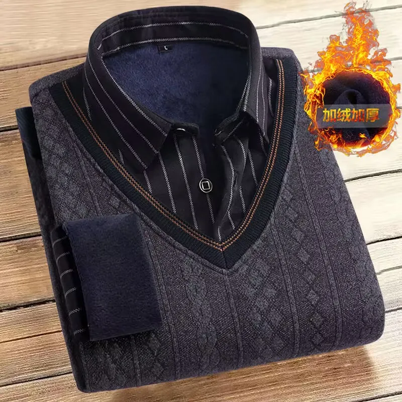 5XL Autumn Winter Men Fleece Shirt-collar Sweater 2024 Fashion Grid Printed Thick Warm Sweater Male Velvet Thicken Sweater