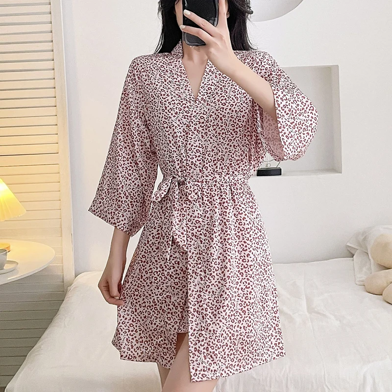 

2026 Summer 2PCS Sexy Leopard Lace Lingerie Silk Satin Nightgowns Robes Sets for Women Bathrobe Sleepwear Nightdress Night Dress