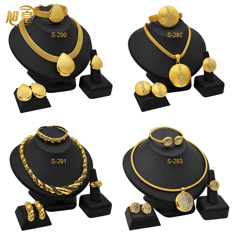 XUHUANG African Necklaces Bracelets Earing Sets Nigerian Wedding Jewelry Set Ethiopian Gold Colour Necklace Jewellery Set Gifts