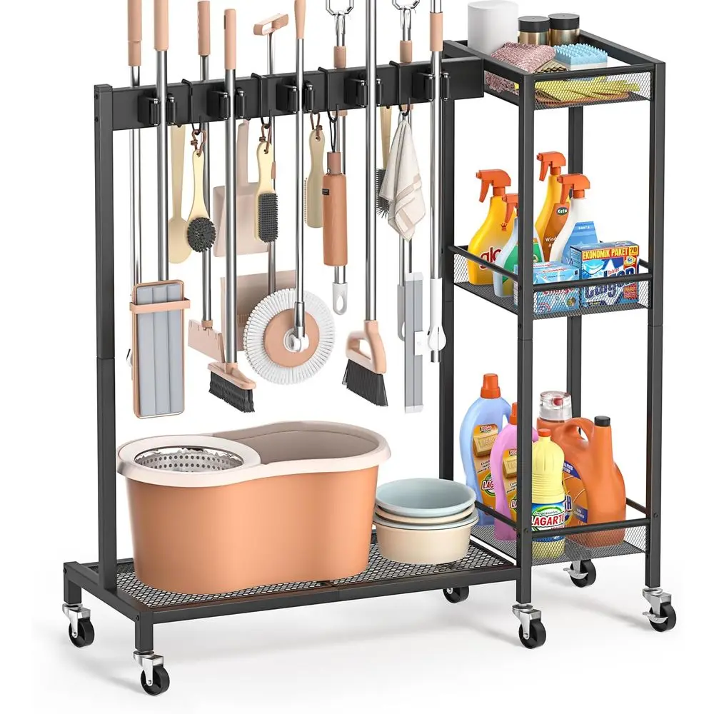 

Держатель для швабр с органайзером для чистящих средств, шкаф для хранения швабр с подставкой для уборочного инвентаря, тележка для уборки с крючком для швабры G