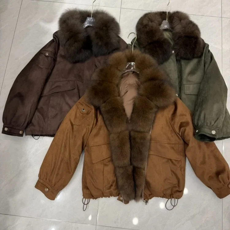 OFTBUY Real Suede Jacket Winter Warm Button Thick Padded Fashion Loose Outerwear Women Luxury Fox Fur Collar Duck Down Parka