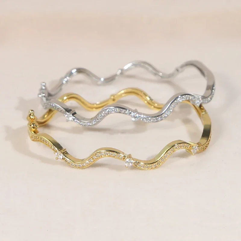 Wave band bangle bracelet for women with sparkling bling and 5A CZ stones