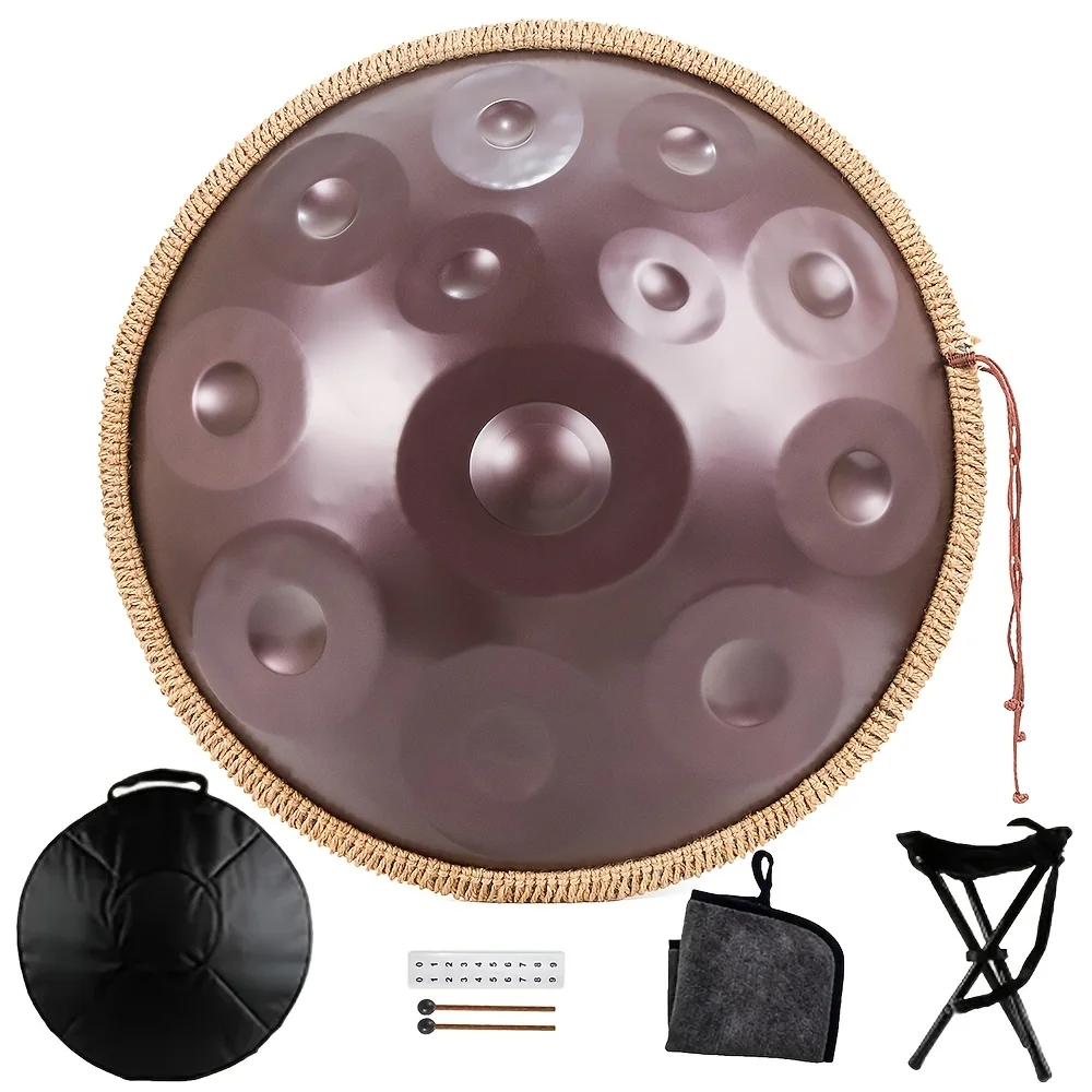 

22" Handcrafted 432Hz D Minor Handpan Drum - Stainless Steel Yoga & Meditation Instrument with Woven Jute Head, Includes