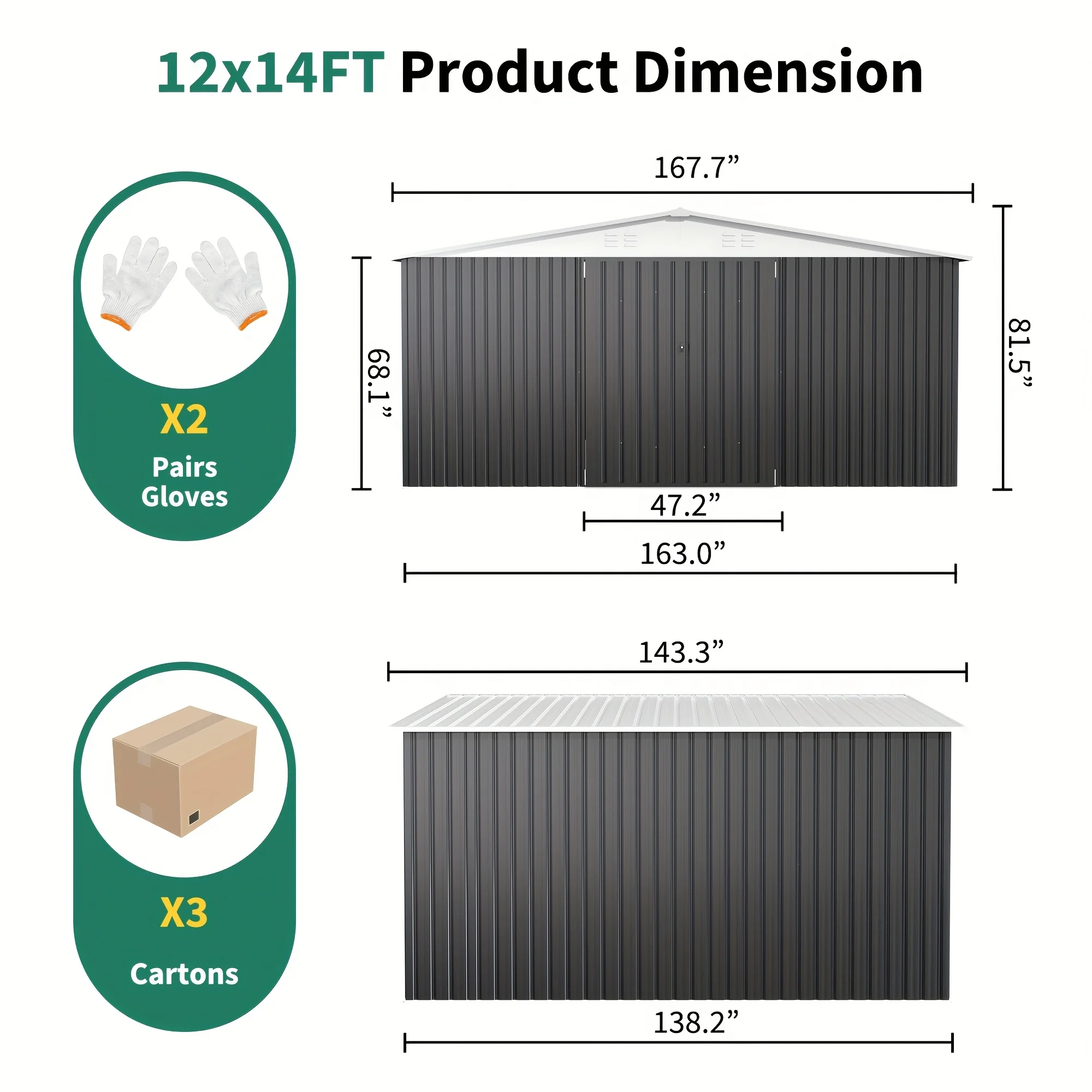سقيفة تخزين خارجية مقاس 14 × 12 قدمًا، سقيفة حديقة معدنية مع هيكل إطار محدث، أدوات لسقيفة تخزين معدنية للفناء والحديقة