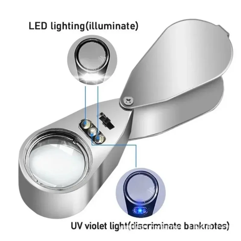 40X UV メタルハンドヘルドポータブル折りたたみジュエリー拡大鏡 LED ライト付きヘルピングハンドはんだ付け拡大鏡はんだクランプ