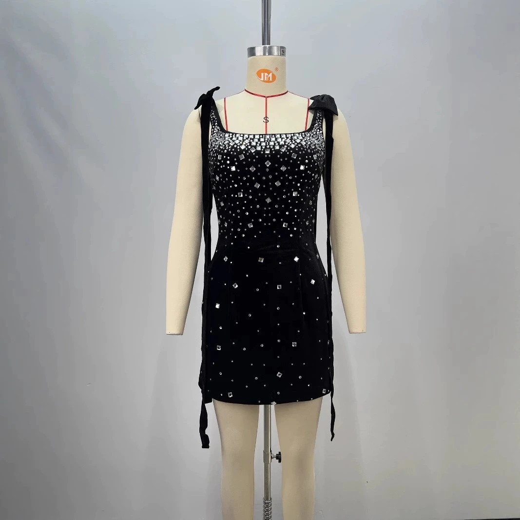 

Black suspender bowknot beaded hot diamond waist bandage skirt women's slim fit banquet dress-GZXX825