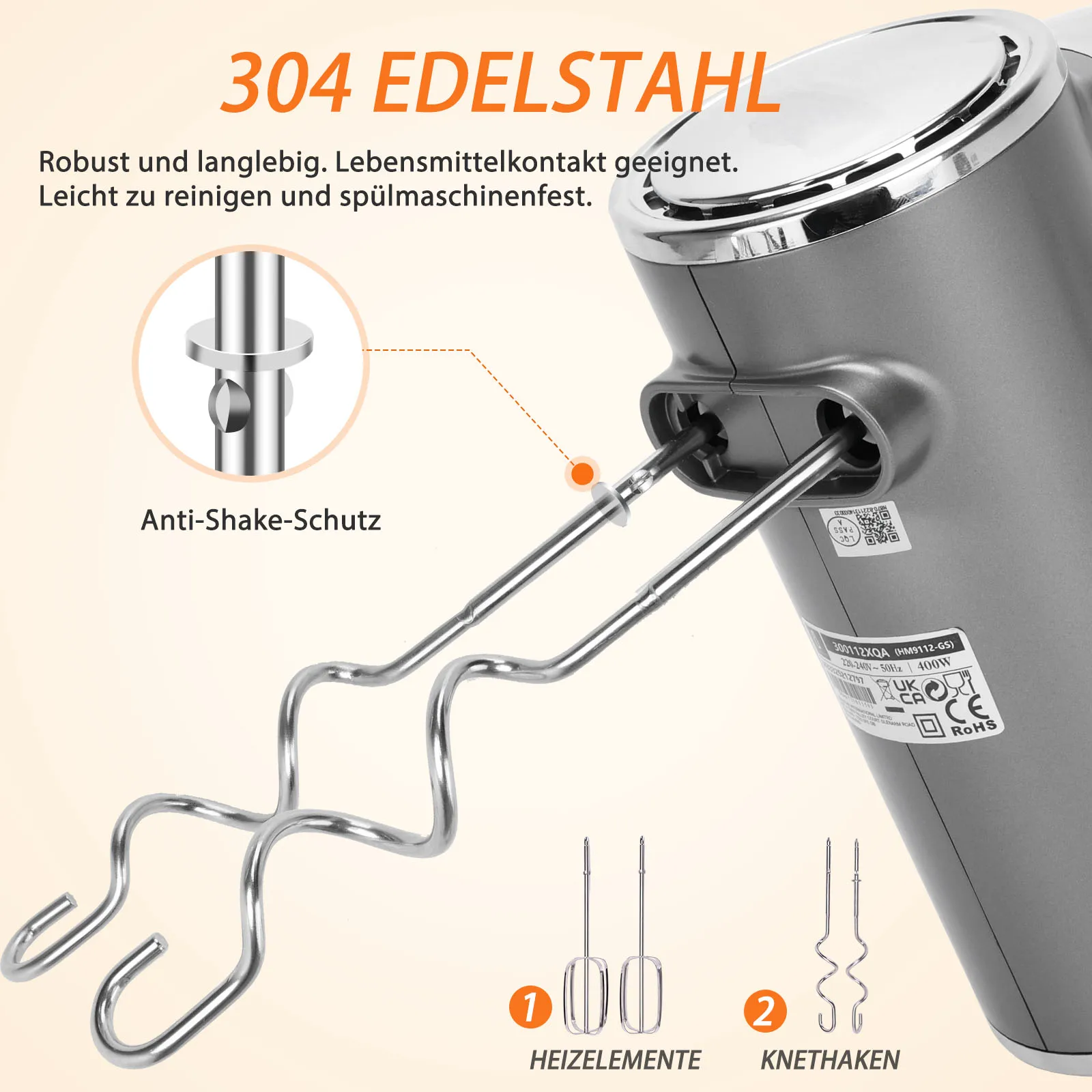 خلاط يدوي كهربائي من إيجوستار، خلاط يدوي فائق القوة 400 وات مع حامل تخزين واحد، 5 سرعات توربو، 2 مخفق، خطافين عجين