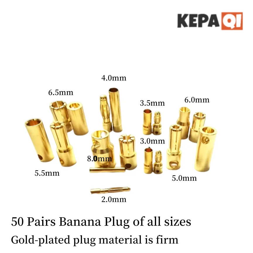 

50 Pairs Banana Plug 2mm 3mm 5mm 6mm Bullet Male Female Connector 3.5mm 4mm 5.5mm 6.5mm 8mm Gold-Plated Copper Rc Part Head