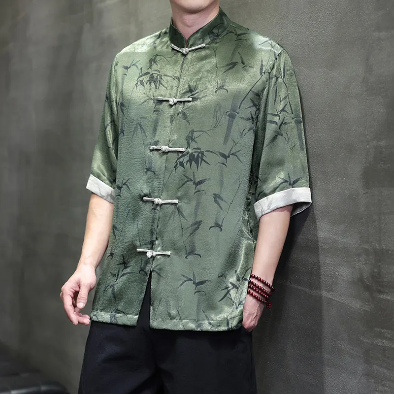 

2026 Men's Chinese Style Bamboo Print Ice Silk Tang Suit Hanfu Shirt Short Sleeve Loose Fit Plus Size Lightweight Breathable Top
