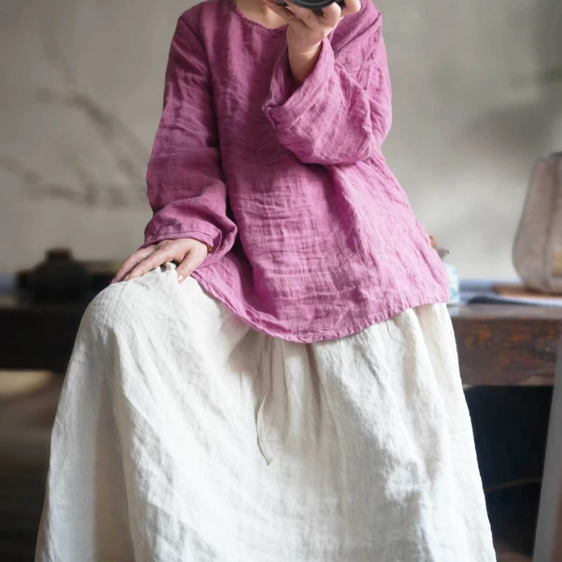 

Хлопково-льняные макси-юбки для женщин 2026: Новая весенняя модель с эластичным поясом, повседневная свободная юбка А-силуэта с высокой талией для девушек