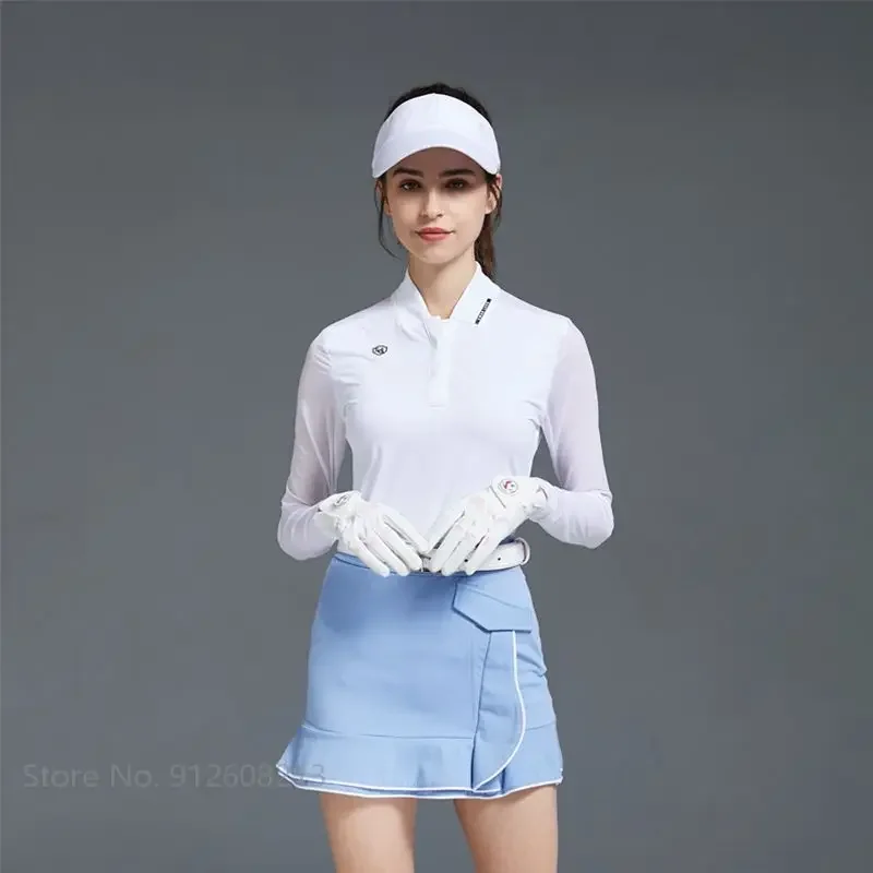 Swan Love Golf Sunscreen Women Shirt Ice Silk Long Sleeve T-shirt Ladies Slim Pencil Skirt Blue Ruffle Skort Golf Clothing Suits