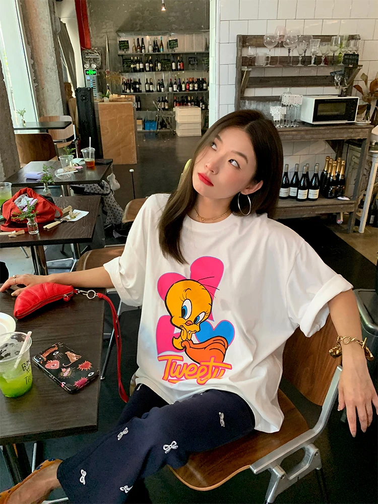 

Женская футболка ort Sve с белым принтом, свободный крой, летний новый дизайн, корейский хлопковый круглый топ Ne для маленьких фигурок